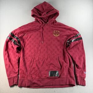 Champion Classic Fleece XL Burgundy All Over Logo Hoodie Leather Stripe Pullover